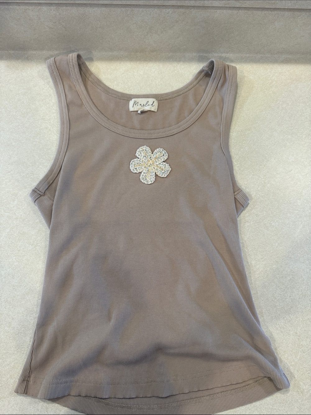 Marled Taupe Ribbed Tank with Crochet Daisy Accent